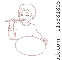 A simple line drawing of a smiling child eating with chopsticks and a round plate 115381805