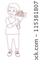 Line drawing of a smiling child standing and holding a bouquet of flowers 115381807