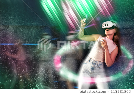 Girl immersed in futuristic virtual reality game with cosmic visuals 115381863