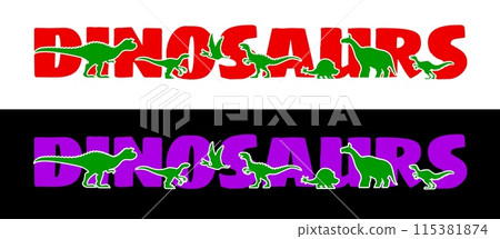 Dinosaur silhouettes lettering. Vector vibrant red and purple letters featuring the word DINOSAURS in bold typography, flanked by a variety of green colored dino silhouettes. Prehistoric life type Dinosaur silhouettes lettering. Vector vibrant red and purple letters featuring the word DINOSAURS in bold typography, flanked by a variety of green colored dino silhouettes. Prehistoric life type 115381874