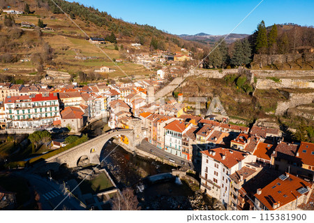Drone view of the ancient city of Camprodon Drone view of the ancient city of Camprodon 115381900