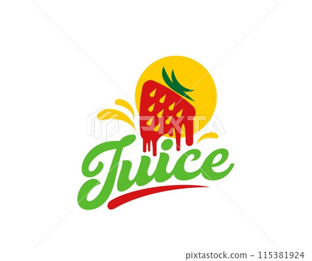 Strawberry juice icon, fresh fruit drink smoothie label. Isolated vector vibrant emblem with ripe red berry shape, melting drips and splashes in yellow circle, symbol of natural juicy refreshment Strawberry juice icon, fresh fruit drink smoothie label. Isolated vector vibrant emblem with ripe red berry shape, melting drips and splashes in yellow circle, symbol of natural juicy refreshment 115381924