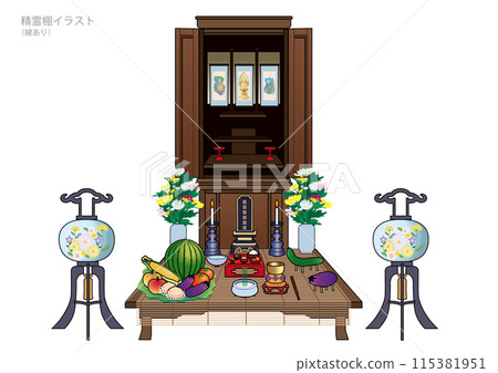 Obon Welcoming Spirit Shelf Illustration with Outline Obon Welcoming Spirit Shelf Illustration with Outline 115381951