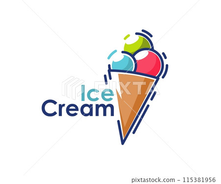 Scoop gelato dessert, ice cream waffle cone vector icon with strawberry, pistachio and mint balls. Melted gelato, sundae, frozen yogurt or fruit sorbet scoops in wafer cup sign for ice cream shop 115381956