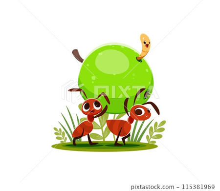 Cartoon ants carry a green apple with a cute smiling worm peeking out. Vector scene with funny insect characters on a grassy patch with small plants, showcasing teamwork and a cheerful nature theme Cartoon ants carry a green apple with a cute smiling worm peeking out. Vector scene with funny insect characters on a grassy patch with small plants, showcasing teamwork and a cheerful nature theme 115381969