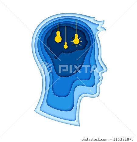 Paper cut human head with light bulb ideas. 3d vector layered papercut frame in shape of of a male head profile, with glowing light bulbs symbolizing thoughts, insight and inspiration inside the brain 115381973