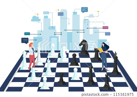 Chess figures on a chess board with business people 115381975