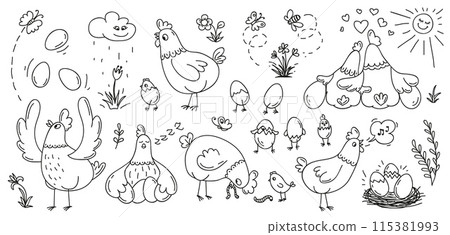 Doodle hen and chickens in various playful activities. Vector farm birds sleeping, interacting with eggs and each other amidst flowers and natural elements. Sketch style line art poultry characters Doodle hen and chickens in various playful activities. Vector farm birds sleeping, interacting with eggs and each other amidst flowers and natural elements. Sketch style line art poultry characters 115381993