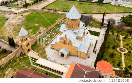 Aerial view of medieval Samtavro monastery in Georgian town of Mtskheta 115381998