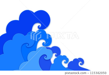Paper cut sea waves. Isolated 3d vector blue surf or tsunami wave on white background. Papercut origami style swirls and liquid splashes, evoking the abstract beauty of a summer ocean, storm scene Paper cut sea waves. Isolated 3d vector blue surf or tsunami wave on white background. Papercut origami style swirls and liquid splashes, evoking the abstract beauty of a summer ocean, storm scene 115382050
