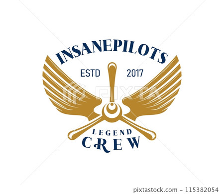 Airline and aircraft aviation icon for insane pilots legend crew. Vector label with golden propeller and wings, symbolizing flight, classic bold typography conveying tradition and sense of adventure 115382054