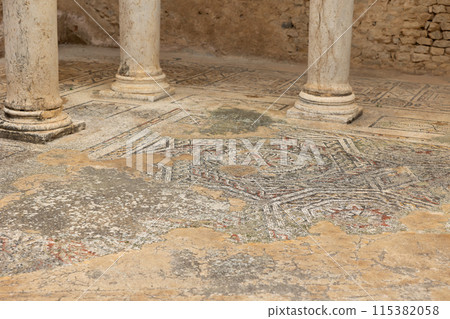 Mosaic on floor in ancient Roman Thermes de Liciniens bathing-place on area of antic city 115382058