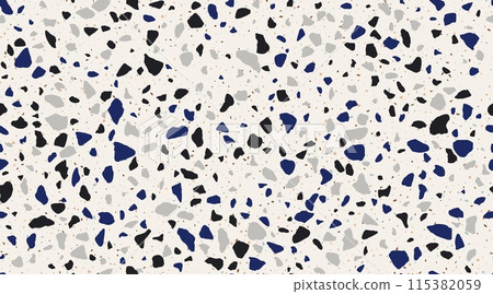 Terrazo mosaic ceramic tile pattern, marble stone texture. Black, blue and grey terazzo ceramic background. Vector blend of marble, granite and glass chips, speckled surface, terazo flooring or wall 115382059
