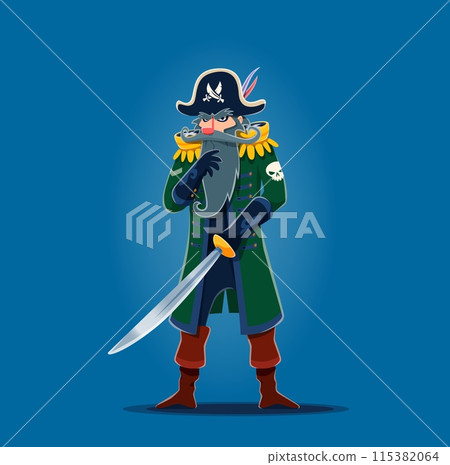 Cartoon pirate or corsair cunning captain character, standing confidently with a menacing look. Vector sea rover in classic attire, including a cocked hat with crossed swords emblem, and a drawn sword 115382064