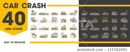Car crash line icons of traffic accident and vehicle collision on road, vector symbols. Car crash accidents icons for insurance of auto damage from natural disaster of weather, bicycle and transport 115382092