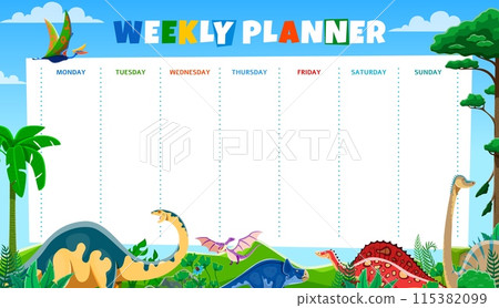 Weekly planner with cartoon dinosaurs. Vector vibrant schedule with playful dino in a prehistoric landscape at clear sky backdrop, Template with spacious daily columns for organizing children routines 115382099