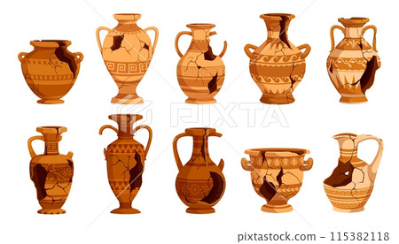 Ancient broken pottery and vases. Old ceramic cracked pots and jugs. Isolated vector set of shattered fragments of archaeologists artefacts, historical crockery and past civilization cultural heritage Ancient broken pottery and vases. Old ceramic cracked pots and jugs. Isolated vector set of shattered fragments of archaeologists artefacts, historical crockery and past civilization cultural heritage 115382118