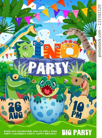 Kid dino party flyer with funny prehistoric dinosaurs. Vector holiday invitation poster template with cartoon cute baby reptiles in the eggshells, coloradisaurus and vulcanodon at jurassic landscape 115382120