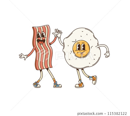 Retro cartoon groovy breakfast bacon and fried egg character. Cute and funny vector friends food personages giving high five and rejoice together. Isolated kawaii funky ingredients exudes friendship 115382122