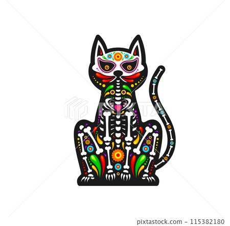 Mexican day of the dead cat animal sugar skull tattoo. Colorful figure of feline pet, featuring rich patterns and bones. isolated vector Dia de Los Muertos kitten celebrates the memory of beloved pets 115382180