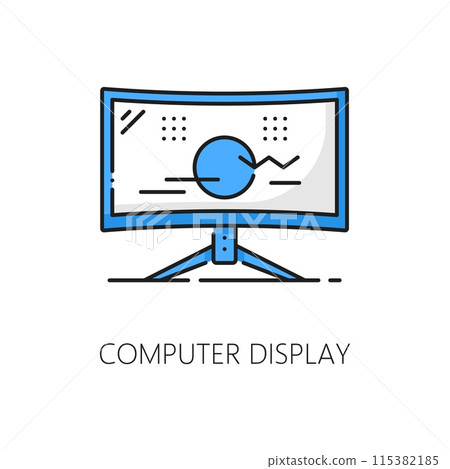 Computer display or monitor software thin line color icon. Digital technology hardware support, computer driver application or software develop line vector icon or pictogram with PC screen Computer display or monitor software thin line color icon. Digital technology hardware support, computer driver application or software develop line vector icon or pictogram with PC screen 115382185