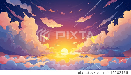 Sky anime sunset background with cartoon clouds and setting sun vector landscape. Summer evening cloudy sky dramatic scene with orange sunlight, stars, white clouds. Anime sunset or twilight panorama Sky anime sunset background with cartoon clouds and setting sun vector landscape. Summer evening cloudy sky dramatic scene with orange sunlight, stars, white clouds. Anime sunset or twilight panorama 115382186