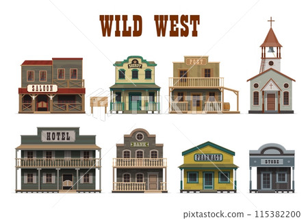 Wild West town cartoon buildings, Western style wood houses. Vector sheriff office, bank, saloon and church, hotel, store, post and pharmacy buildings of old american street, Wild West architecture Wild West town cartoon buildings, Western style wood houses. Vector sheriff office, bank, saloon and church, hotel, store, post and pharmacy buildings of old american street, Wild West architecture 115382200