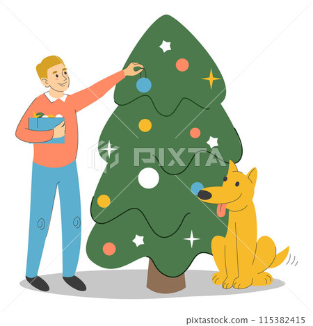 Man decorating Christmas tree vector isolated. Man decorating Christmas tree vector isolated. 115382415