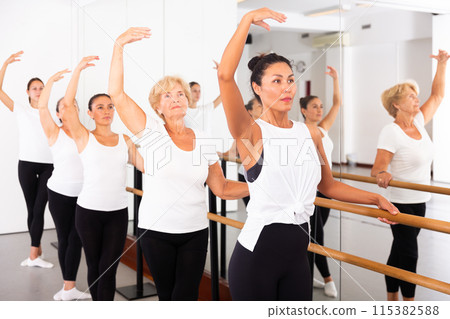 Group of women engaged in ballet standing in the 3rd position of the ballet stance 115382588