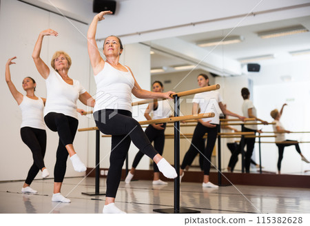 Group of women engaged in ballet in a dance studio performs a choreographic exercise 115382628