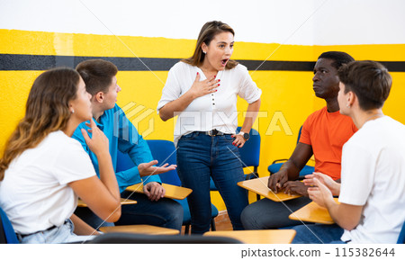 Group of multiracial people talking in speaking club 115382644