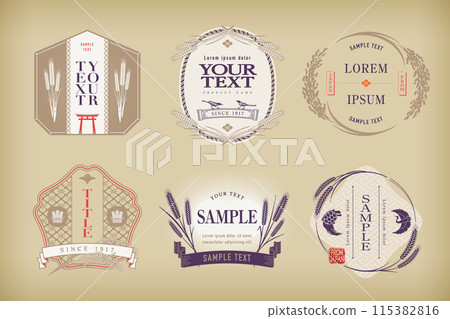 A set of retro Japanese-style logos and labels with rice, wheat and rice plant motifs. A set of retro Japanese-style logos and labels with rice, wheat and rice plant motifs. 115382816