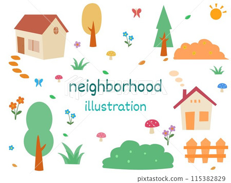Neighborhood illustration with houses, trees, flowers and plants in a village. Cute doodle for children in flat style design. 115382829