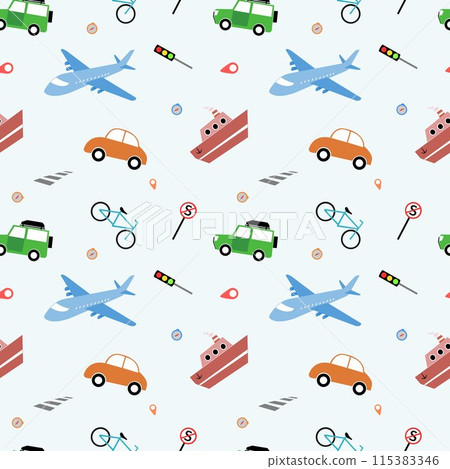 Cute travel and transportation seamless pattern for fabric printing, gift paper, wallpaper. Children theme 115383346
