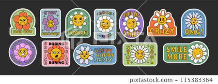 Retro groovy daisy flower stickers with different emotions and slogan 115383364