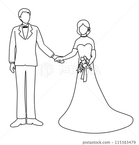 Line drawing of a portrait of a bride and groom holding hands 115383479