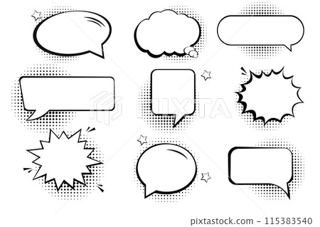 Retro empty comic bubbles and elements set with black halftone shadows.  115383540