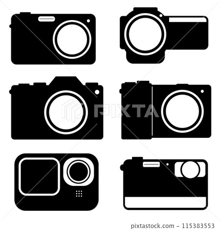 camera icon collection set in flat style black and white. Vector asset camera icon collection set in flat style black and white. Vector asset 115383553
