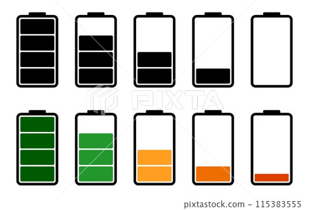 Battery charge level icon set collection. Flat style design Battery charge level icon set collection. Flat style design 115383555