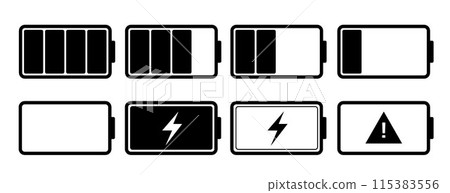 Battery charge level icon set collection. Flat style black color Battery charge level icon set collection. Flat style black color 115383556