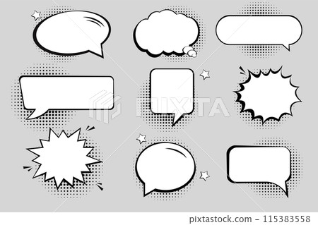Retro empty comic bubbles and elements set with black halftone shadows. Retro empty comic bubbles and elements set with black halftone shadows. 115383558