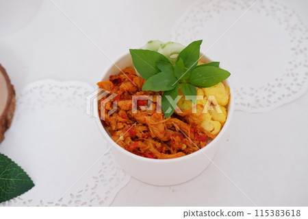 rice with sliced spicy chicken and vegetables as a background 115383618
