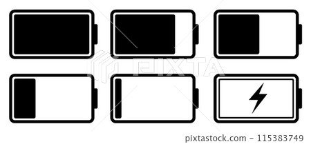 Battery charge level icon set collection. Flat style black color Battery charge level icon set collection. Flat style black color 115383749