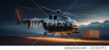 Rendering of a cargo helicopter delivering cargo to remote and rugged areas of rocky landscapes Rendering of a cargo helicopter delivering cargo to remote and rugged areas of rocky landscapes 115383751