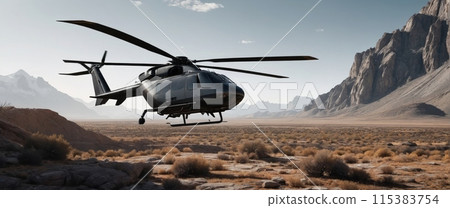 Rendering of a cargo helicopter delivering cargo to remote and rugged areas of rocky landscapes 115383754