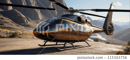 Rendering of a cargo helicopter delivering cargo to remote and rugged areas of rocky landscapes 115383756