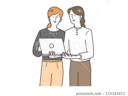 Female employees holding a computer and discussing 115383815