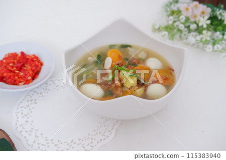 delicious quail egg soup as background 115383940