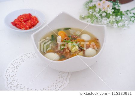 delicious quail egg soup as background 115383951
