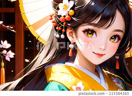 一個穿著和服、長長的黑髮、拿著日本傘的漂亮女人 115384163
